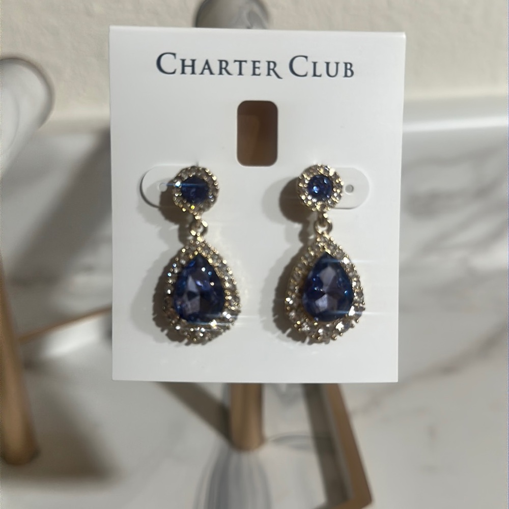 CHARTER CLUB Crystal & Blue Stone Teardrop Silvertone Post Earrin…